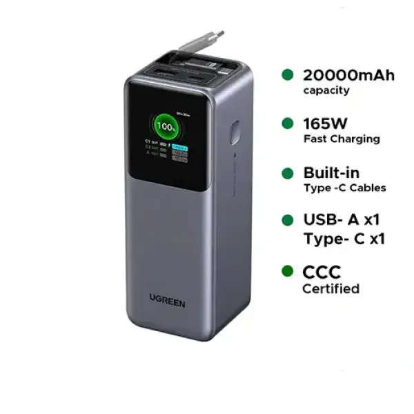 UGREEN PB726 (95670B) 20000mAh 165W Nexode Smart Display Power Bank with Retractable Cable ( CCC version)
